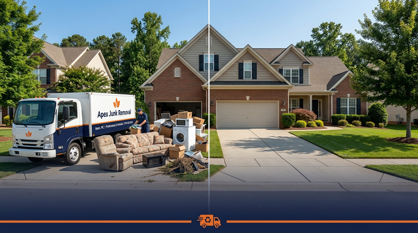 Junk removal truck at a clean suburban home in Apex, NC