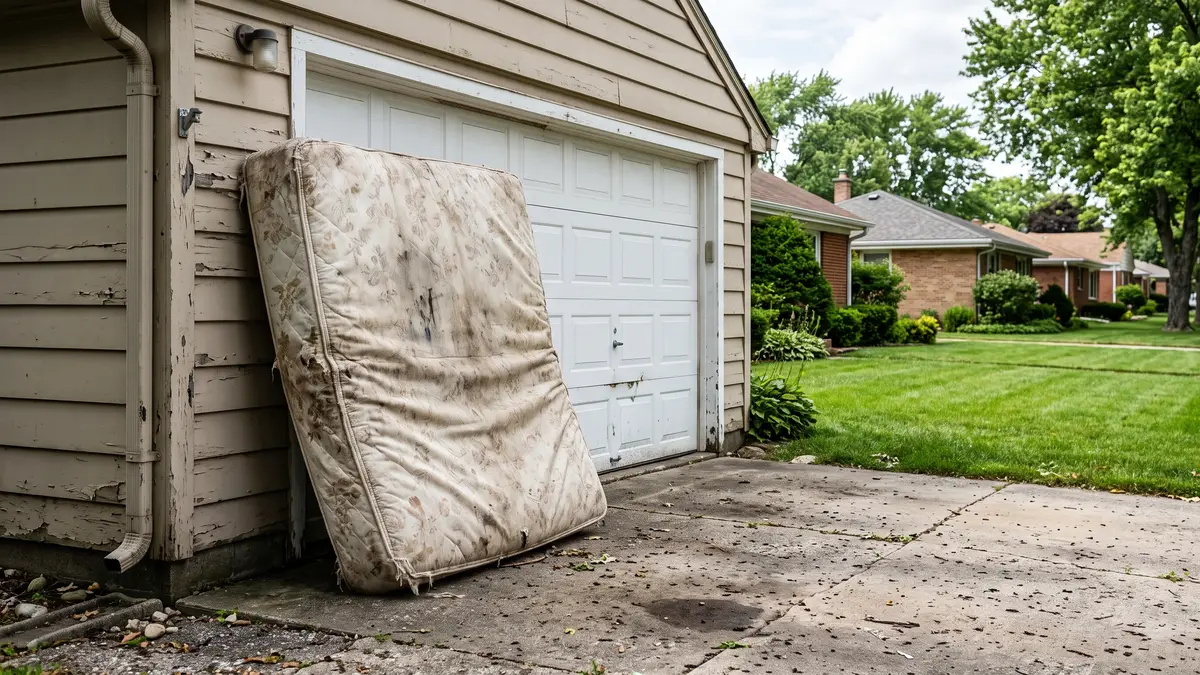 Old mattress leaning against a garage wall waiting for disposal in Wake County, NC