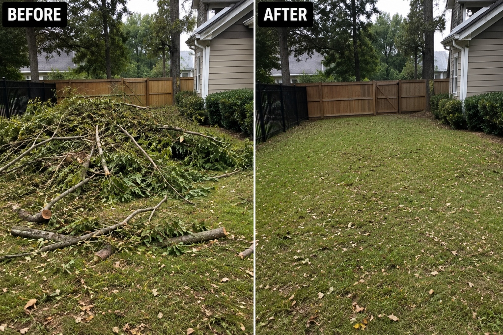 Storm debris and yard waste hauling before and after in Apex, NC